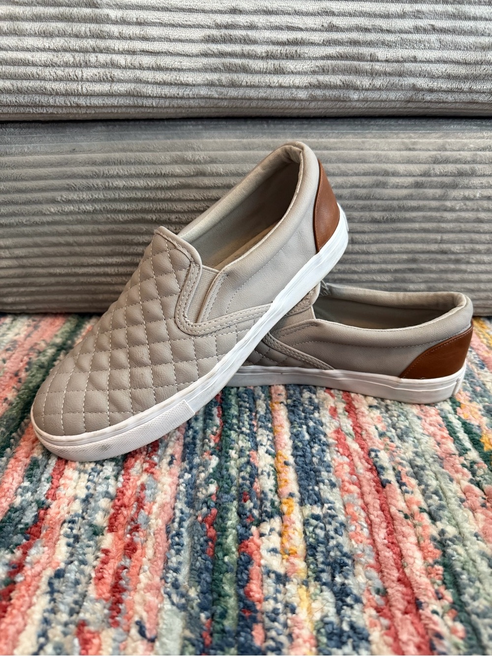 Quilted Slip-On Flats in Taupe with Brown Heel Accent